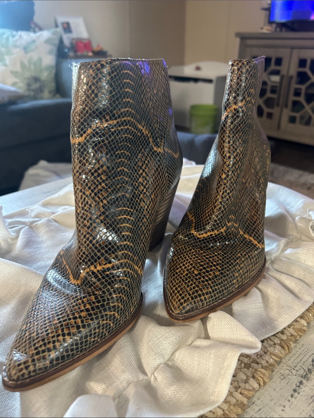Lucky Brand Brown and Black Snake-Print Pointed Toe Ankle Boots